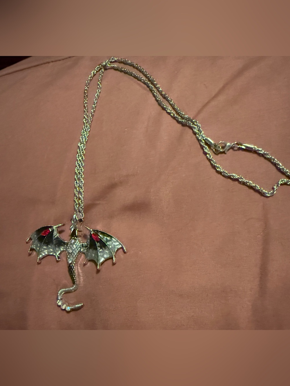 Silver Dragon Pendant Necklace with Red Accents - Women Jewelry